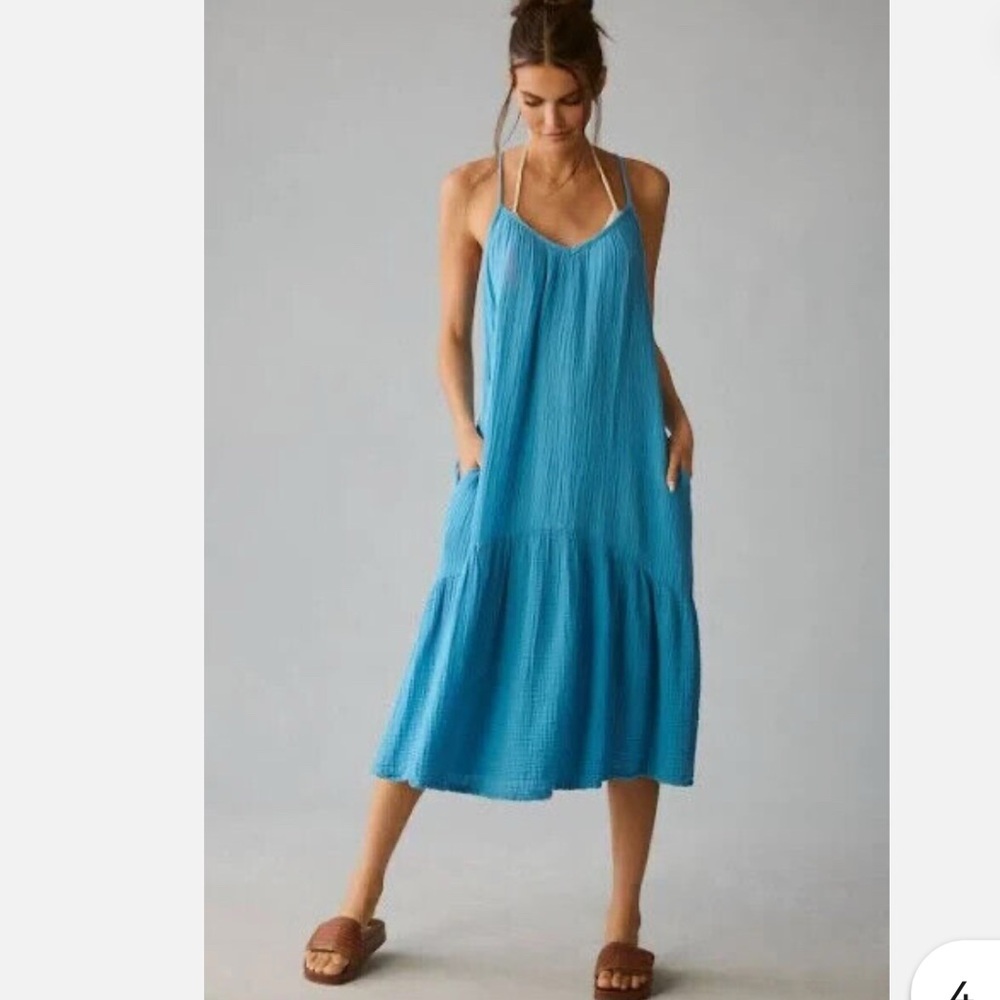 NWOT ANTHROPOOGIE SUNDRY Turquoise Blue Gauze Sundress Midi Dress Beach Cover Up